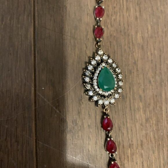 Womens Persian Style Gem Rhinestone Red Green Silver Bracelet - Picture 2 of 9